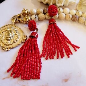 NWT Salsa Fire Red Seed Bead Tassel Drop Earrings